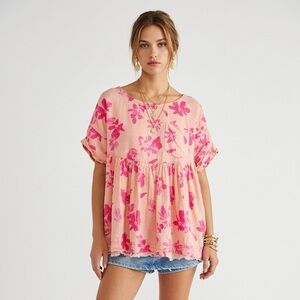 Free People Moon City Top S Pink Floral Oversized Boho Swing Lagenlook Blouse